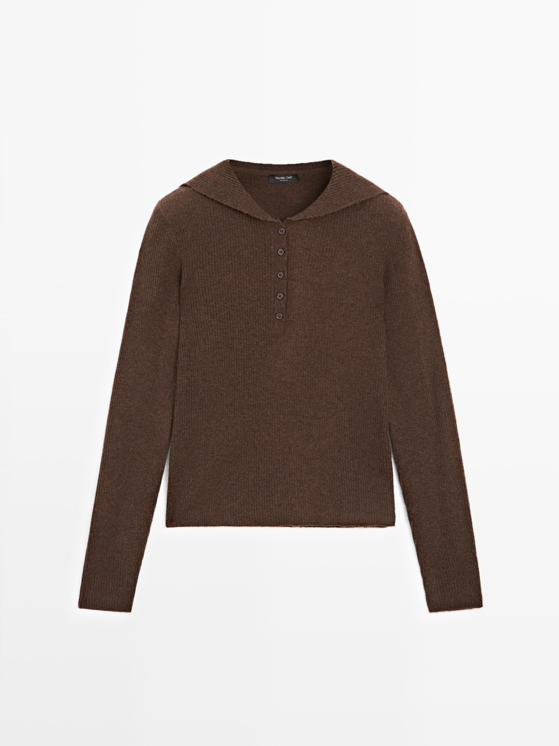Melange knit polo sweater with collar detail